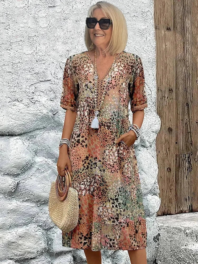 Women's Boho Midi Summer Dress with V-Neck