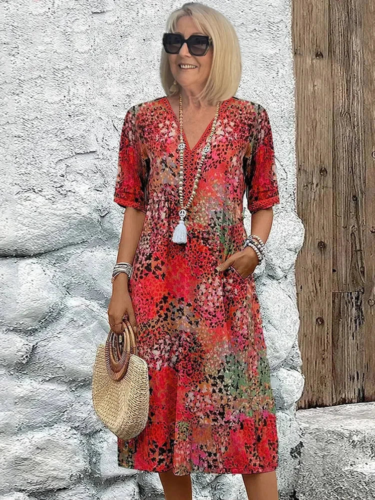 Women's Boho Midi Summer Dress with V-Neck