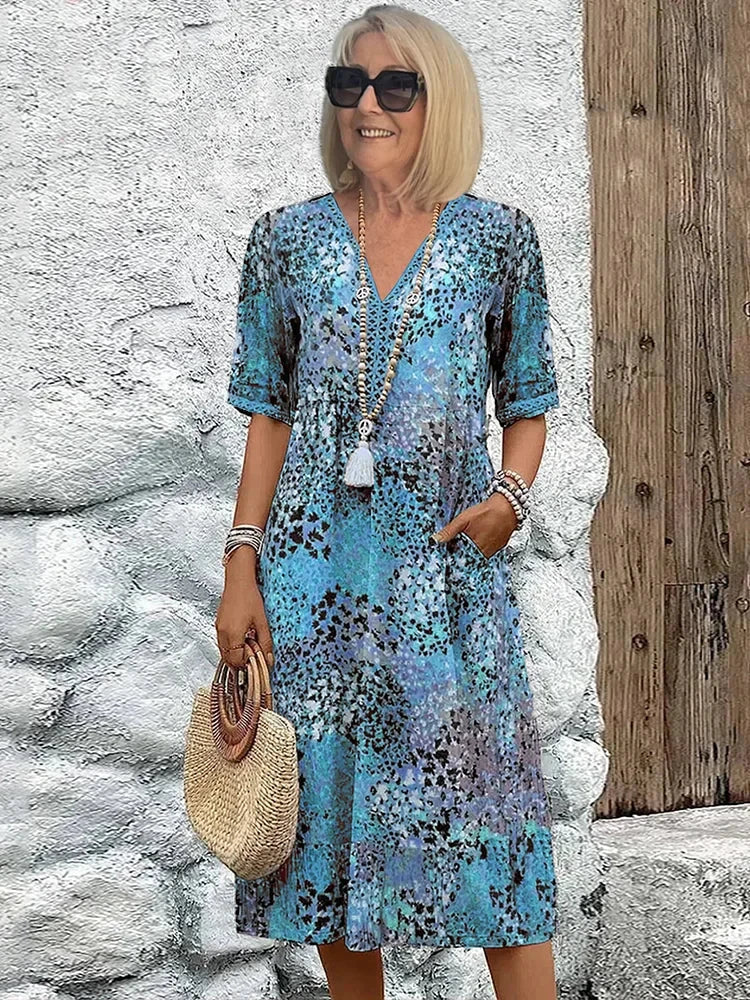 Women's Boho Midi Summer Dress with V-Neck