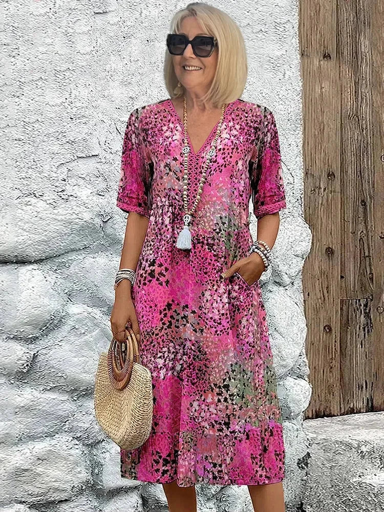 Women's Boho Midi Summer Dress with V-Neck