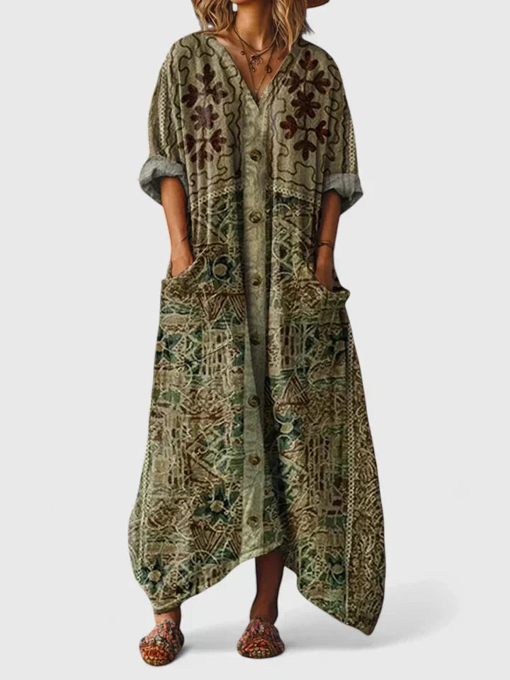 Women's Boho Printed Maxi Summer Dress with V-Neck