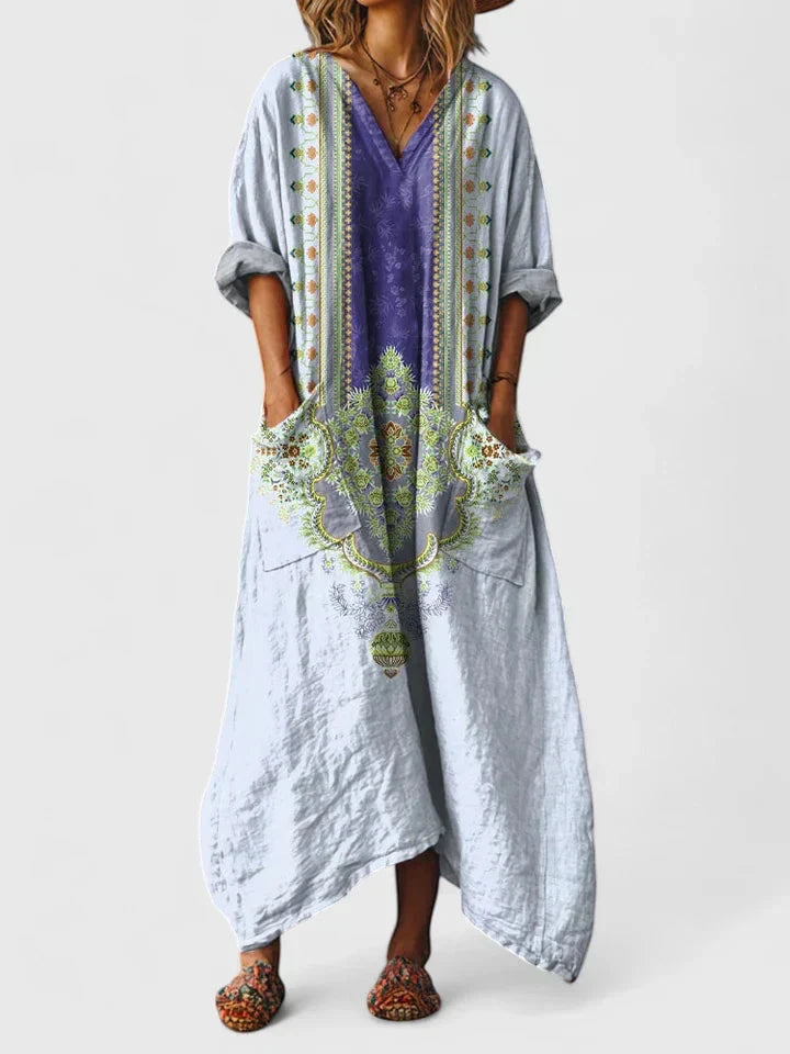 Women's Boho Printed Maxi Summer Dress with V-Neck