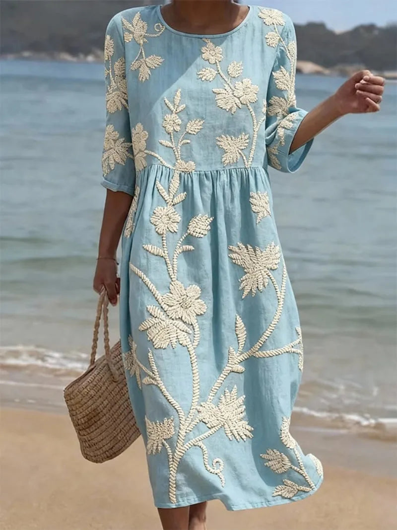 Women's Casual Floral Midi Summer Dress with 3/4 Sleeve