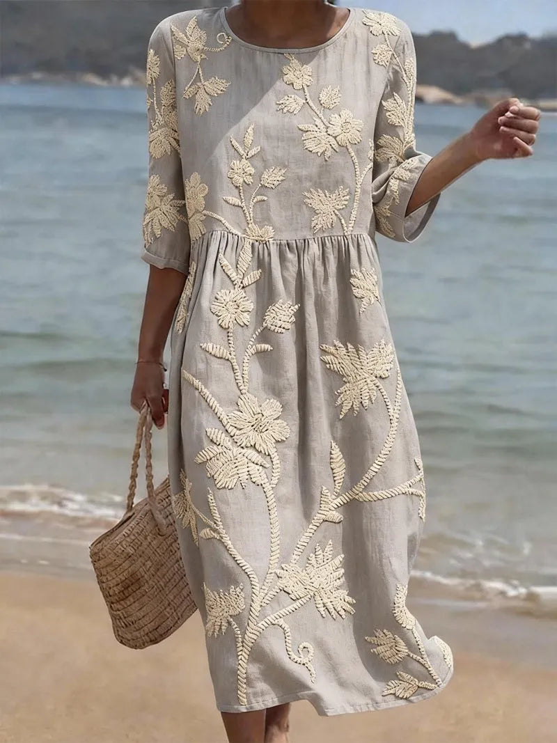 Women's Casual Floral Midi Summer Dress with 3/4 Sleeve