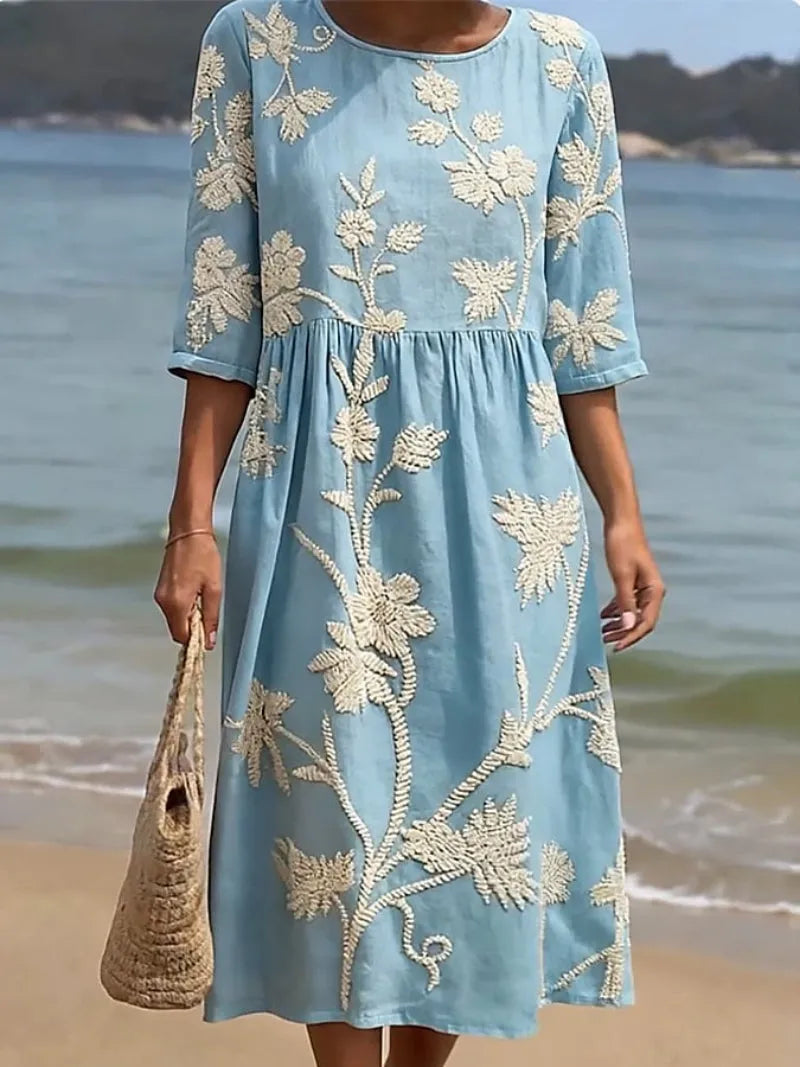 Women's Casual Floral Midi Summer Dress with 3/4 Sleeve