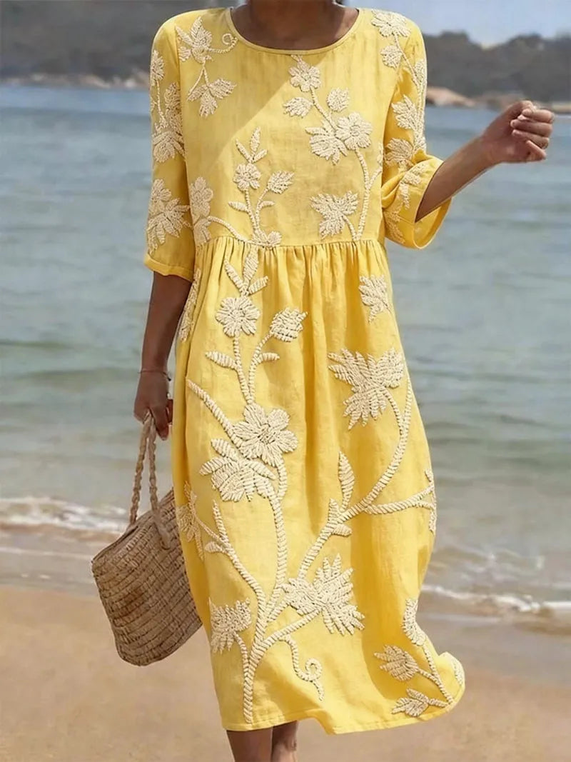 Women's Casual Floral Midi Summer Dress with 3/4 Sleeve