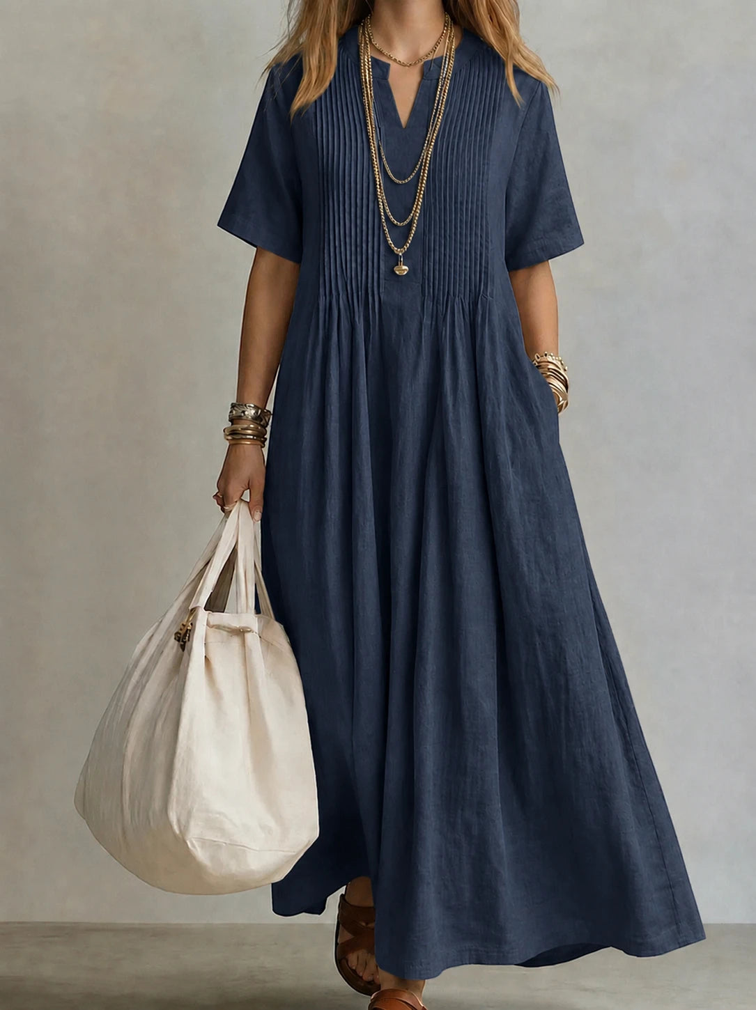 Women's Casual Flowy Maxi Summer Dress with Pleated Front