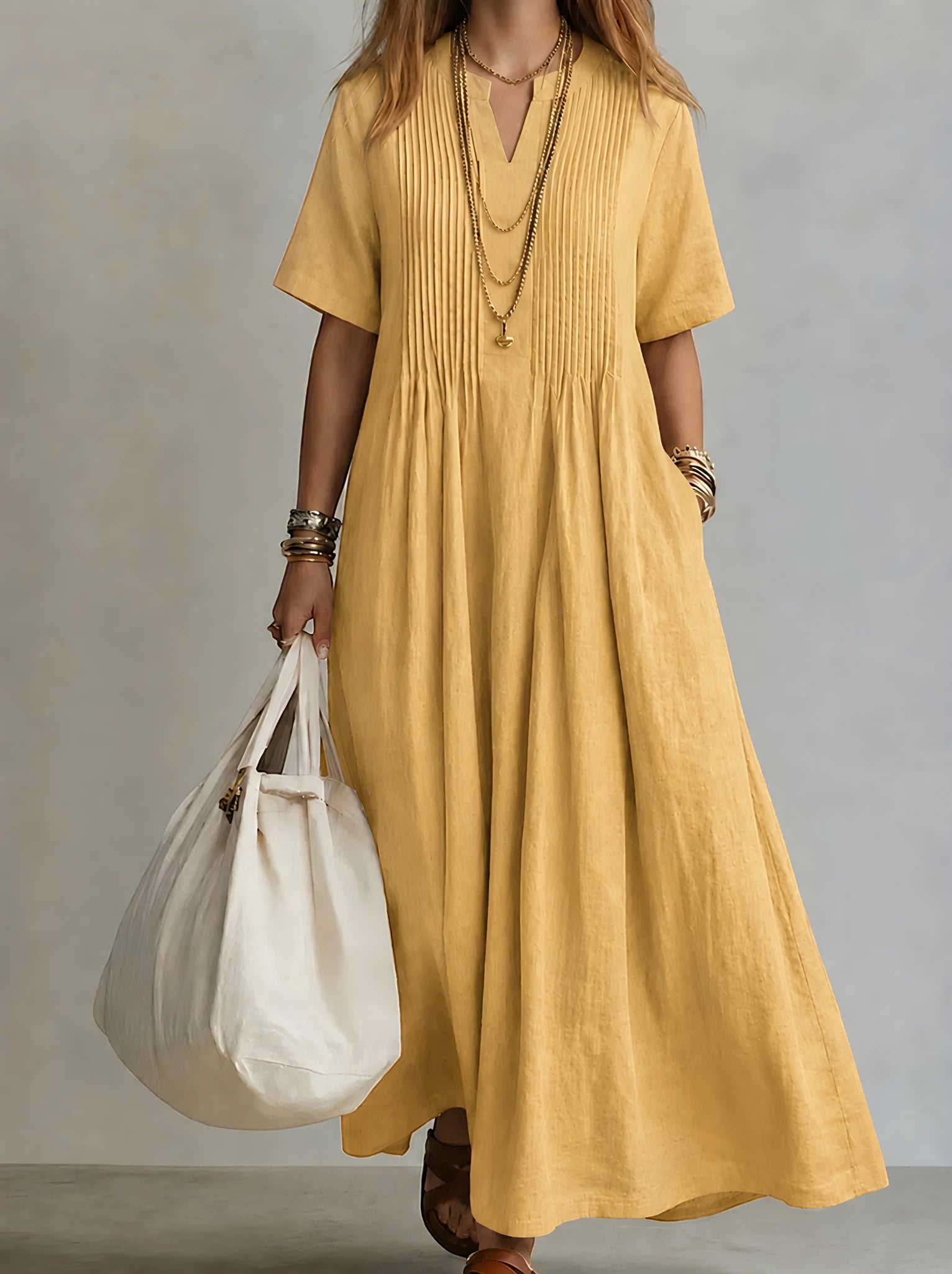 Women's Casual Flowy Maxi Summer Dress with Pleated Front