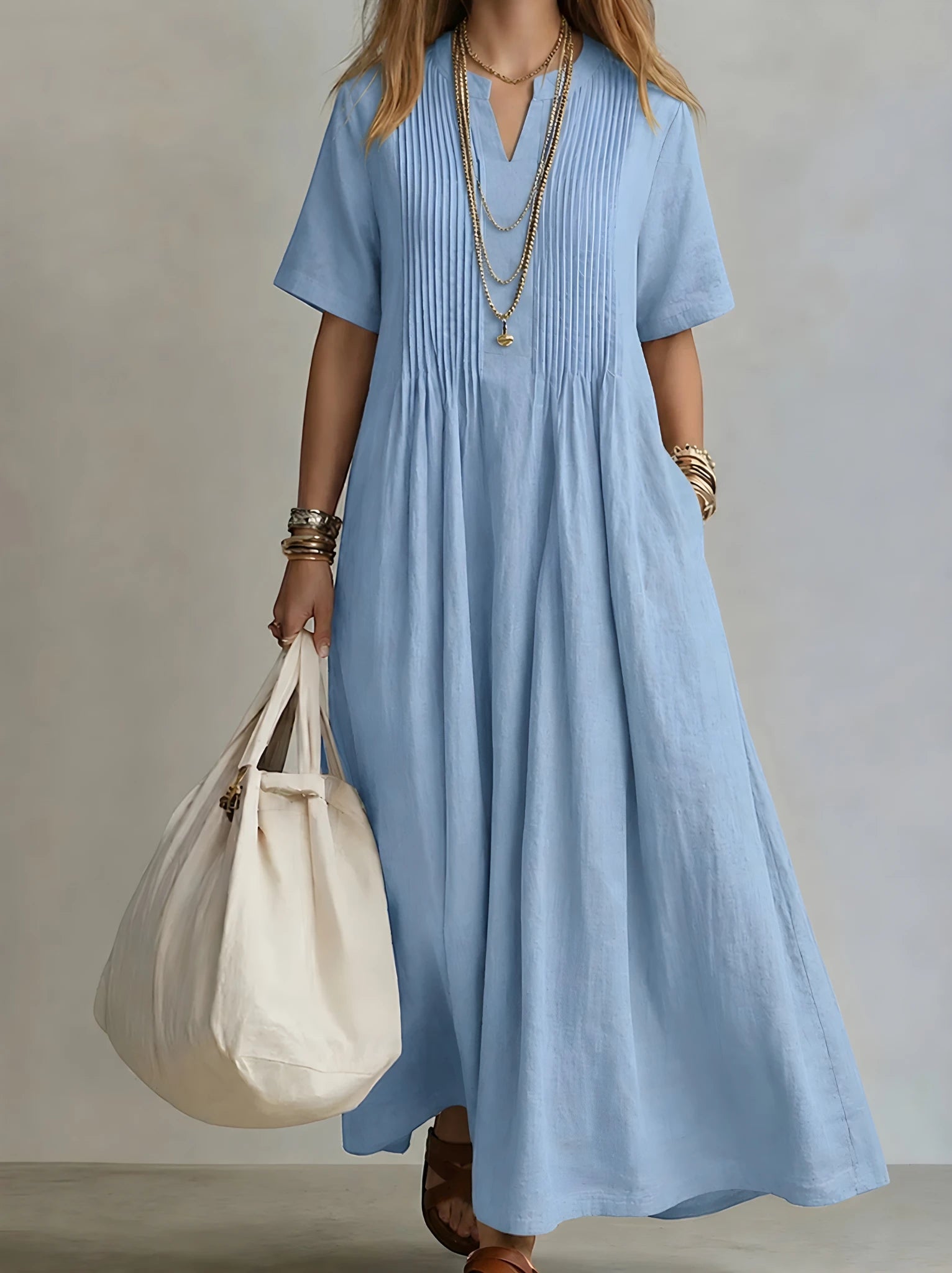 Women's Casual Flowy Maxi Summer Dress with Pleated Front