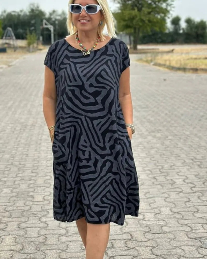 Women's Casual Loose Midi Summer Dress with Round Neck