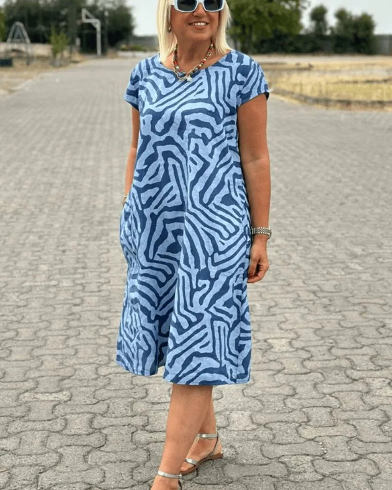 Women's Casual Loose Midi Summer Dress with Round Neck