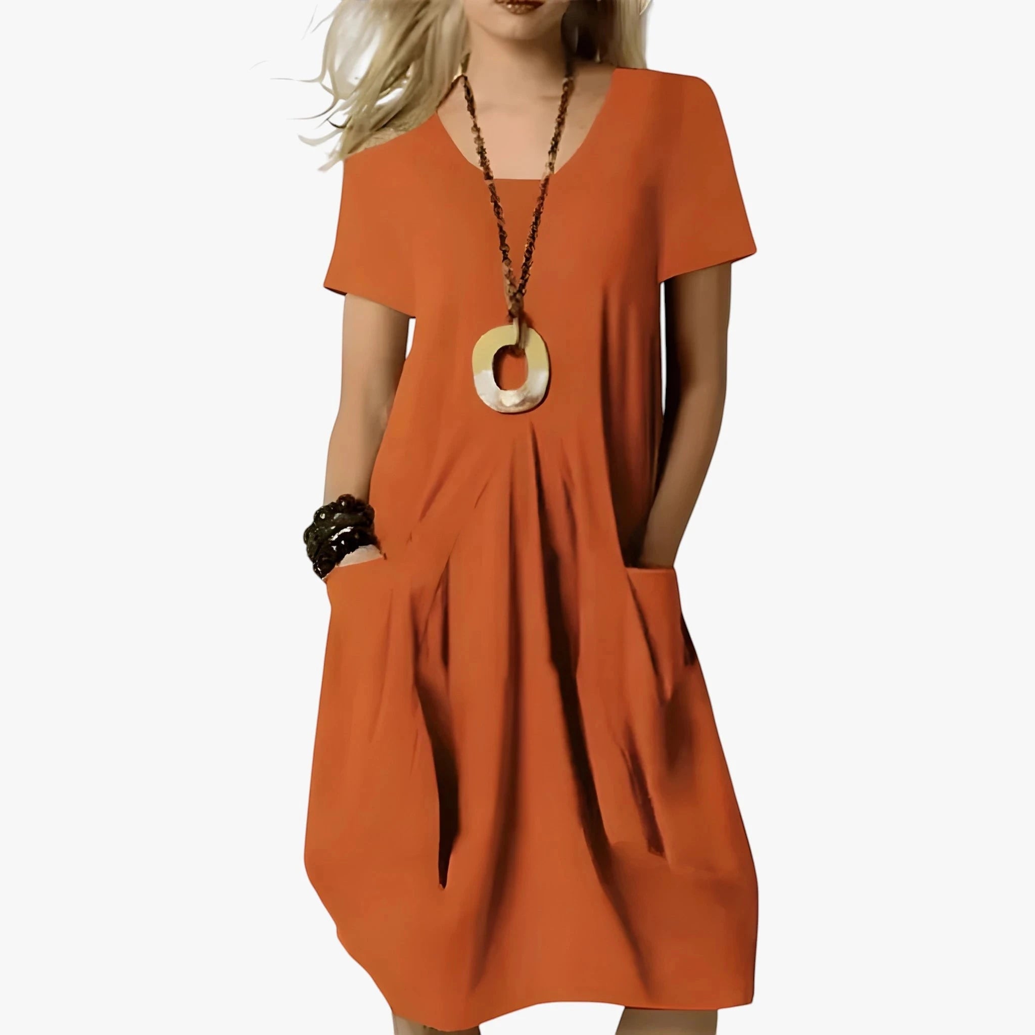 Women's Casual Midi Summer Dress with Scoop Neck and Side Pockets