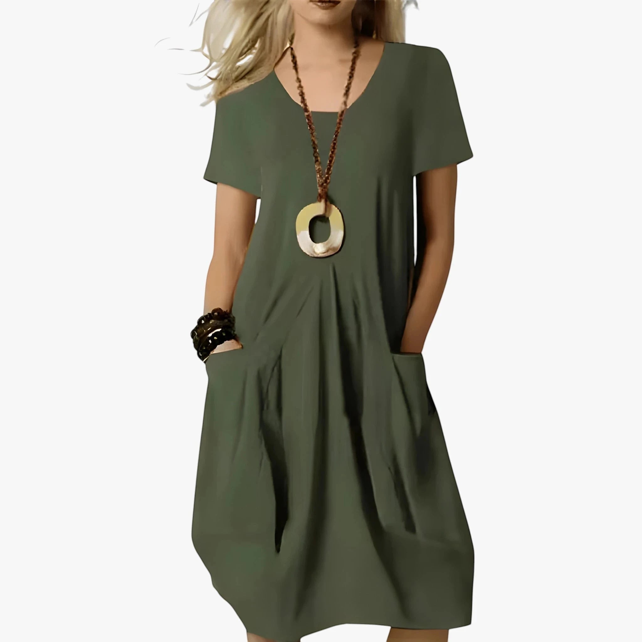 Women's Casual Midi Summer Dress with Scoop Neck and Side Pockets