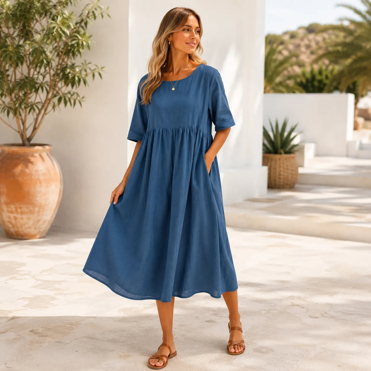 Women's Casual Midi Summer Dress with Short Sleeve
