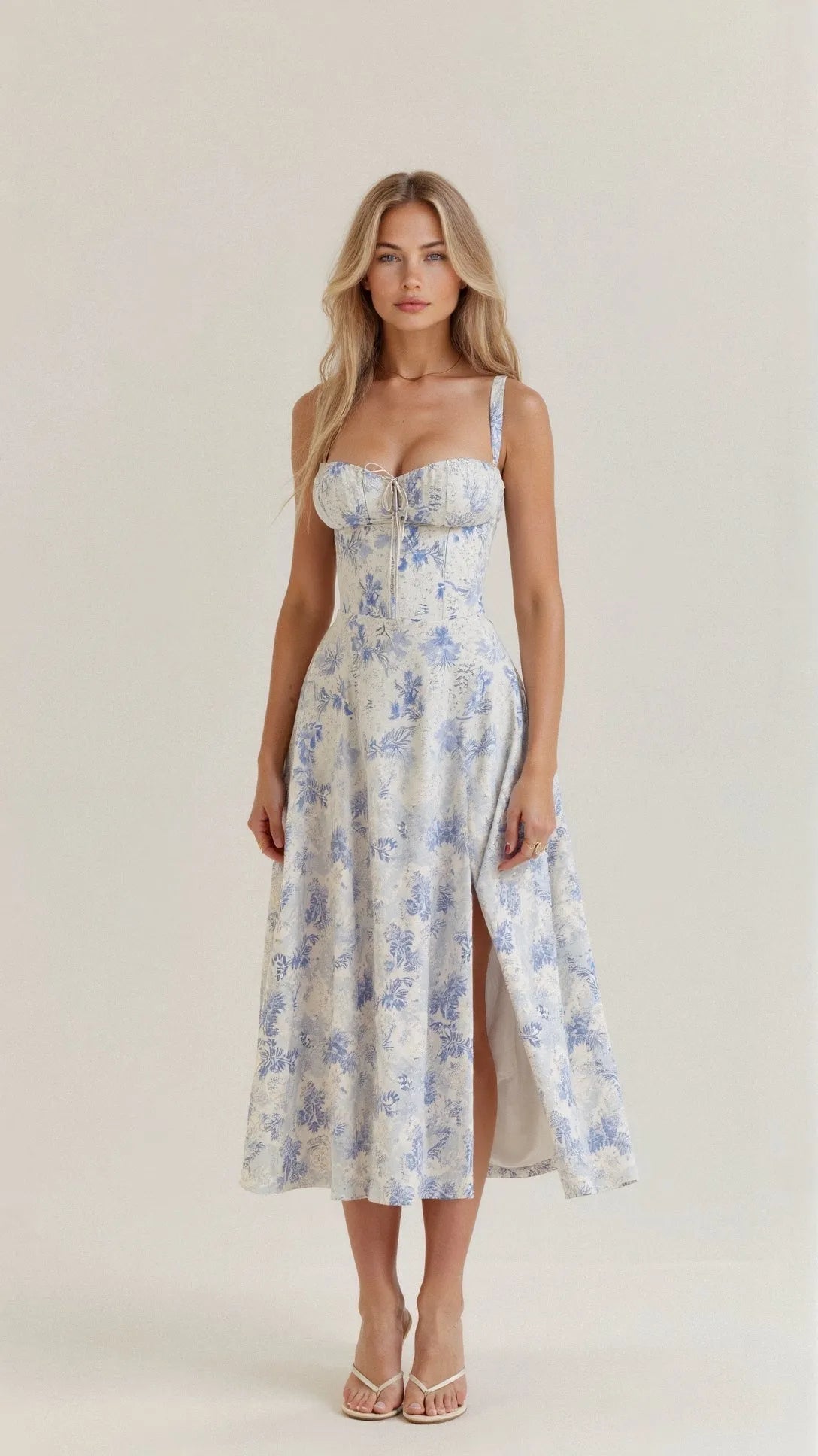 Women's Casual Midi Summer Dress with Sweetheart Neck and Slit