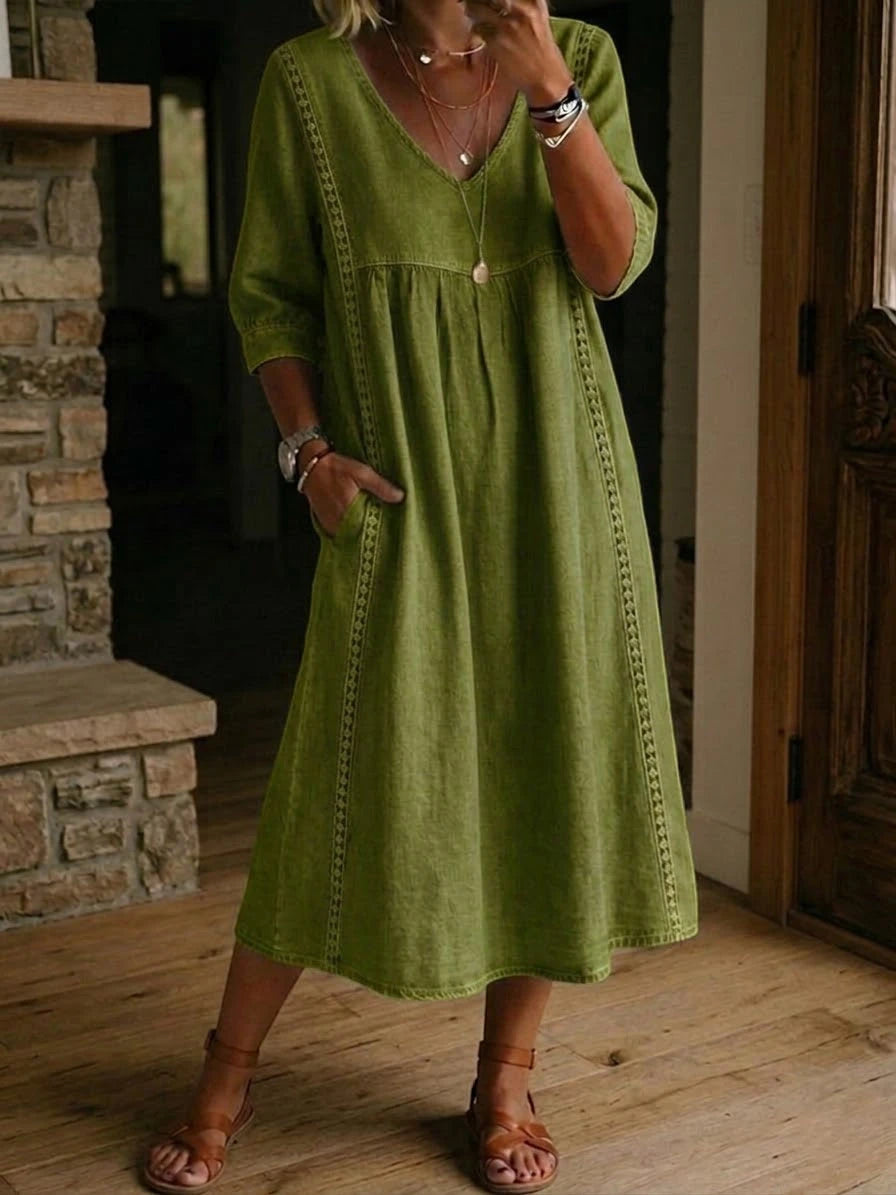 Women's Casual Midi Summer Dress with V-Neck
