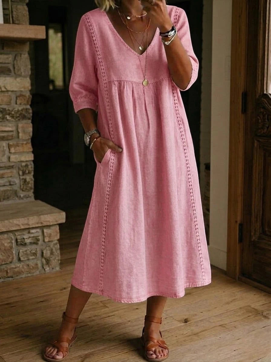 Women's Casual Midi Summer Dress with V-Neck