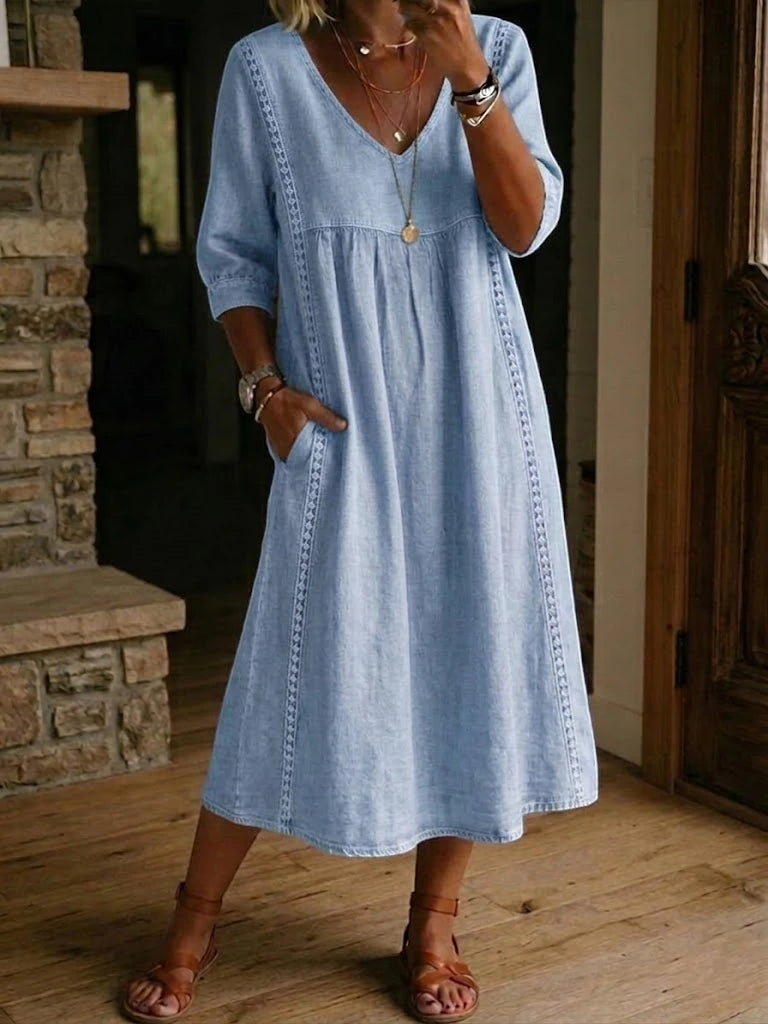 Women's Casual Midi Summer Dress with V-Neck