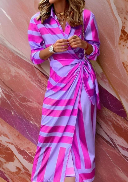 Women's Casual Midi Summer Dress with V-Neck and Long Sleeve