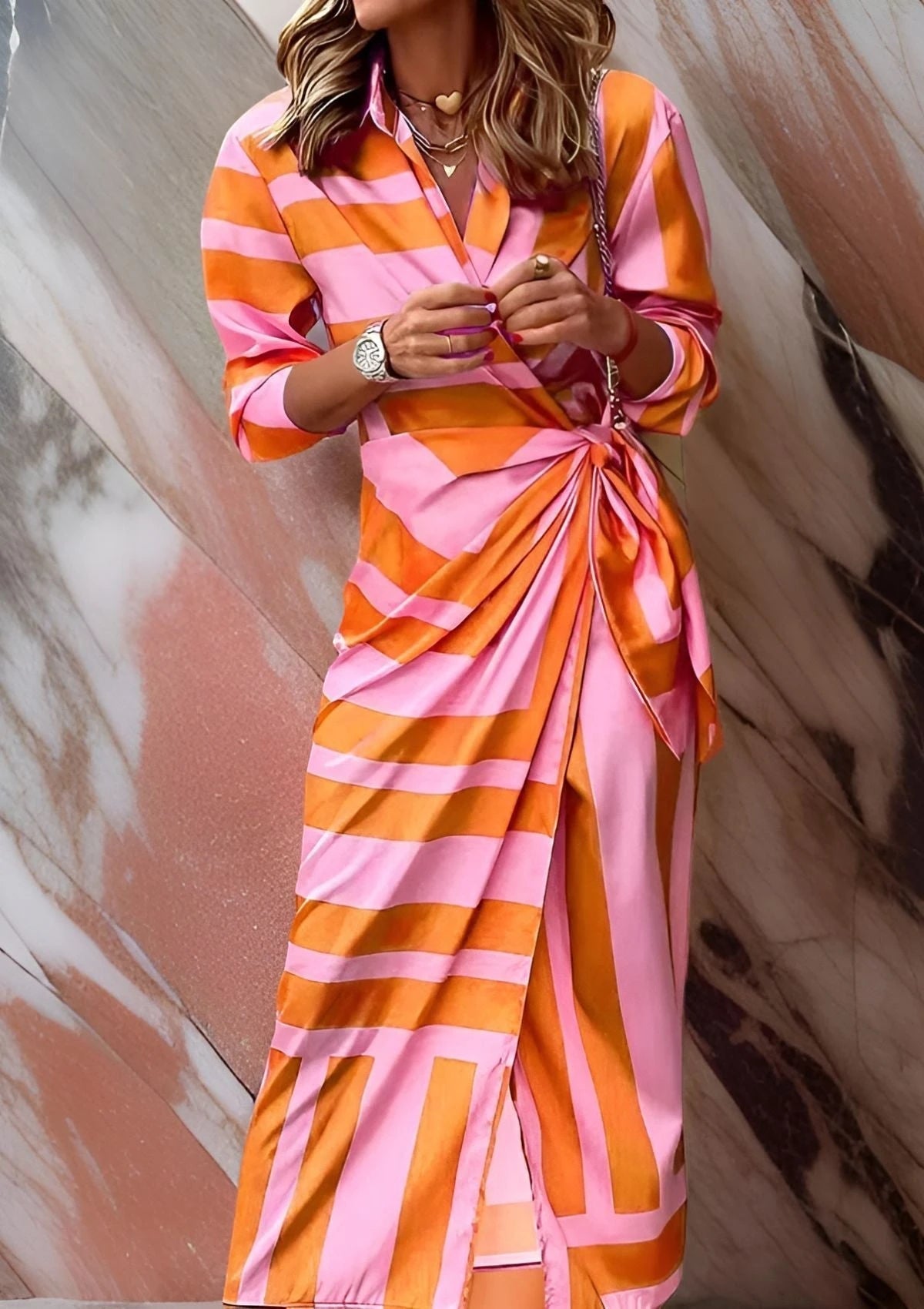 Women's Casual Midi Summer Dress with V-Neck and Long Sleeve
