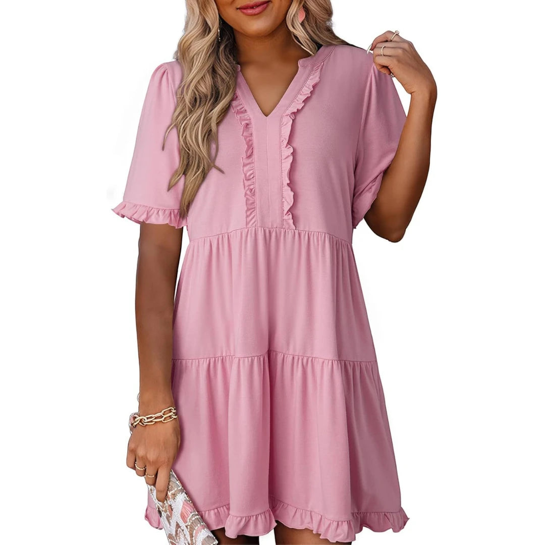 Women's Casual Mini Summer Dress with V-Neck and Ruffle Trim