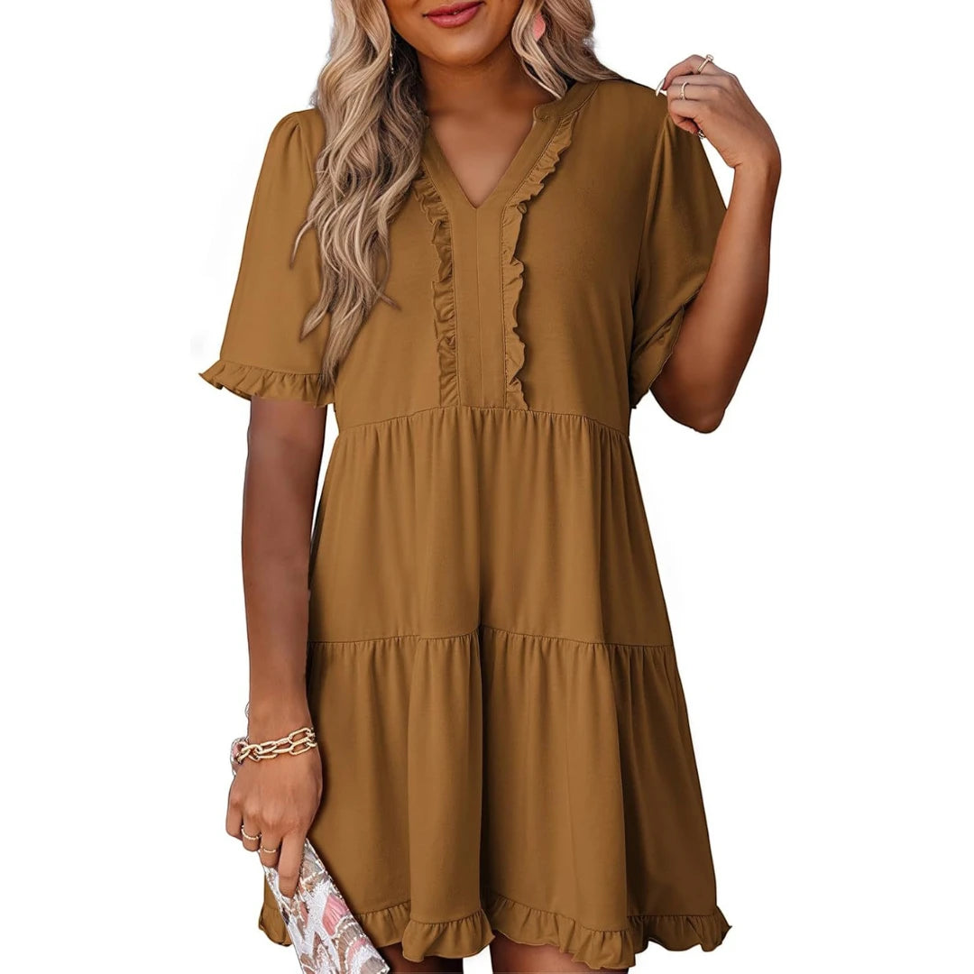Women's Casual Mini Summer Dress with V-Neck and Ruffle Trim