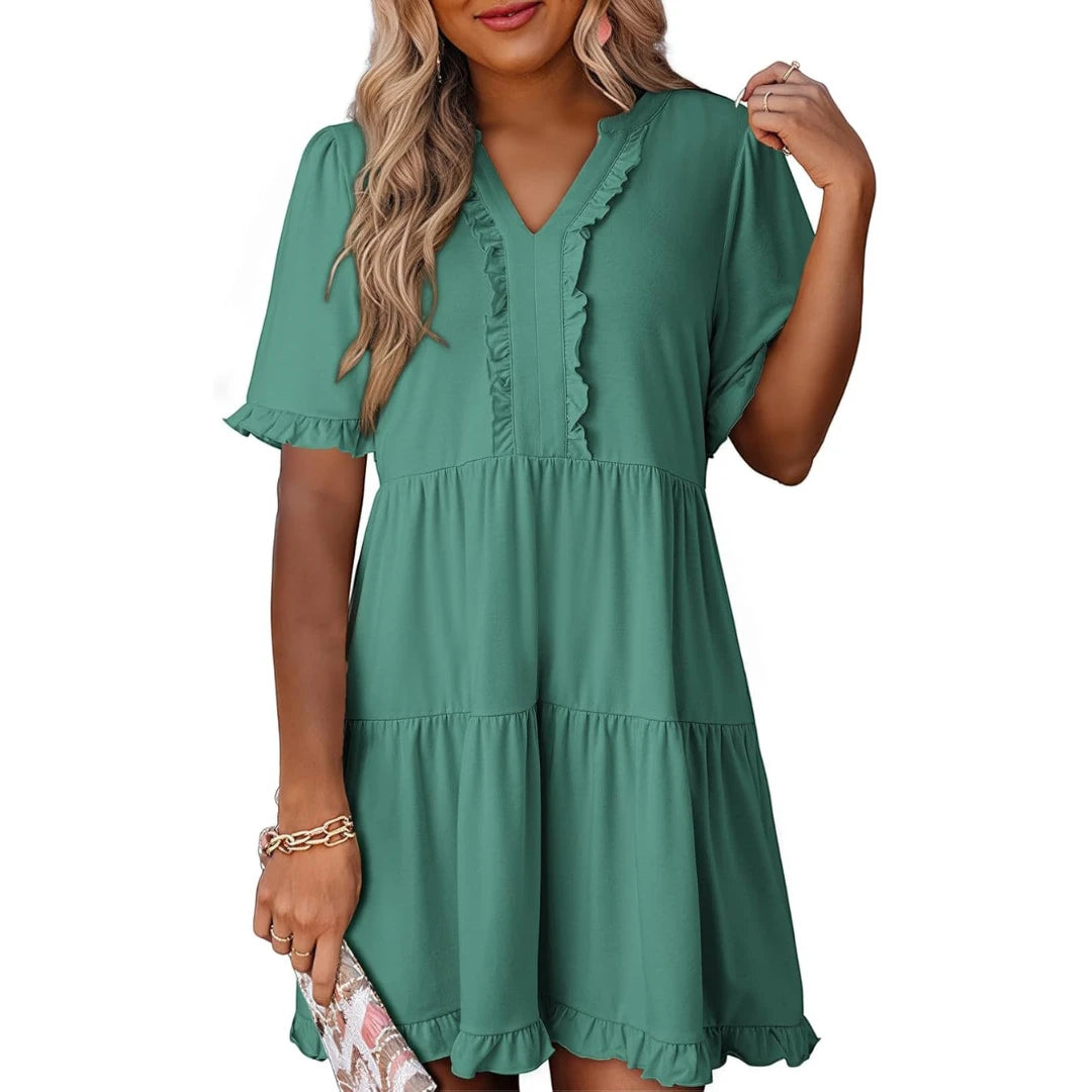 Women's Casual Mini Summer Dress with V-Neck and Ruffle Trim