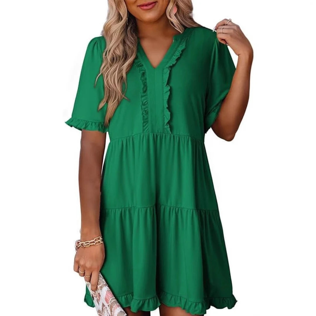 Women's Casual Mini Summer Dress with V-Neck and Ruffle Trim
