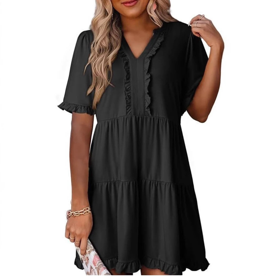 Women's Casual Mini Summer Dress with V-Neck and Ruffle Trim