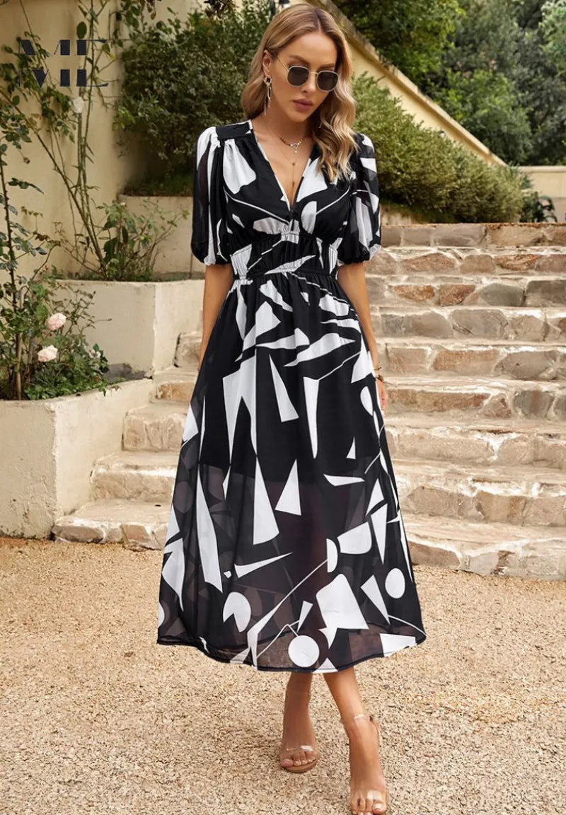 Women's Casual Printed Midi Summer Dress with Puff Sleeve