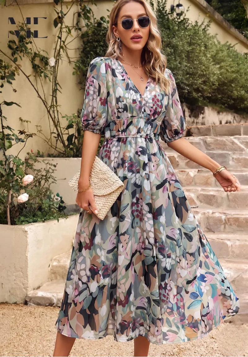 Women's Casual Printed Midi Summer Dress with Puff Sleeve