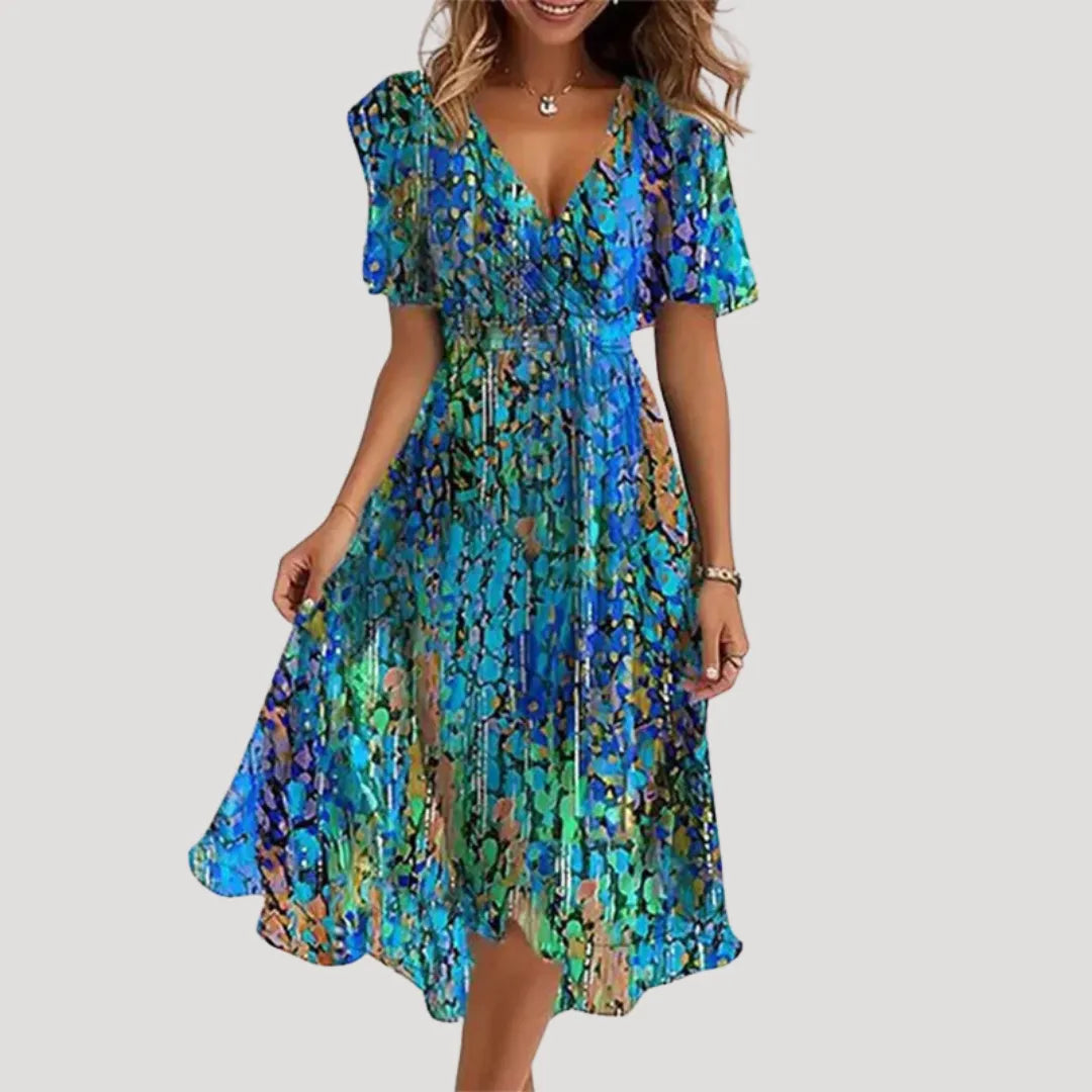 Women's Casual Printed Midi Summer Dress with V-Neck
