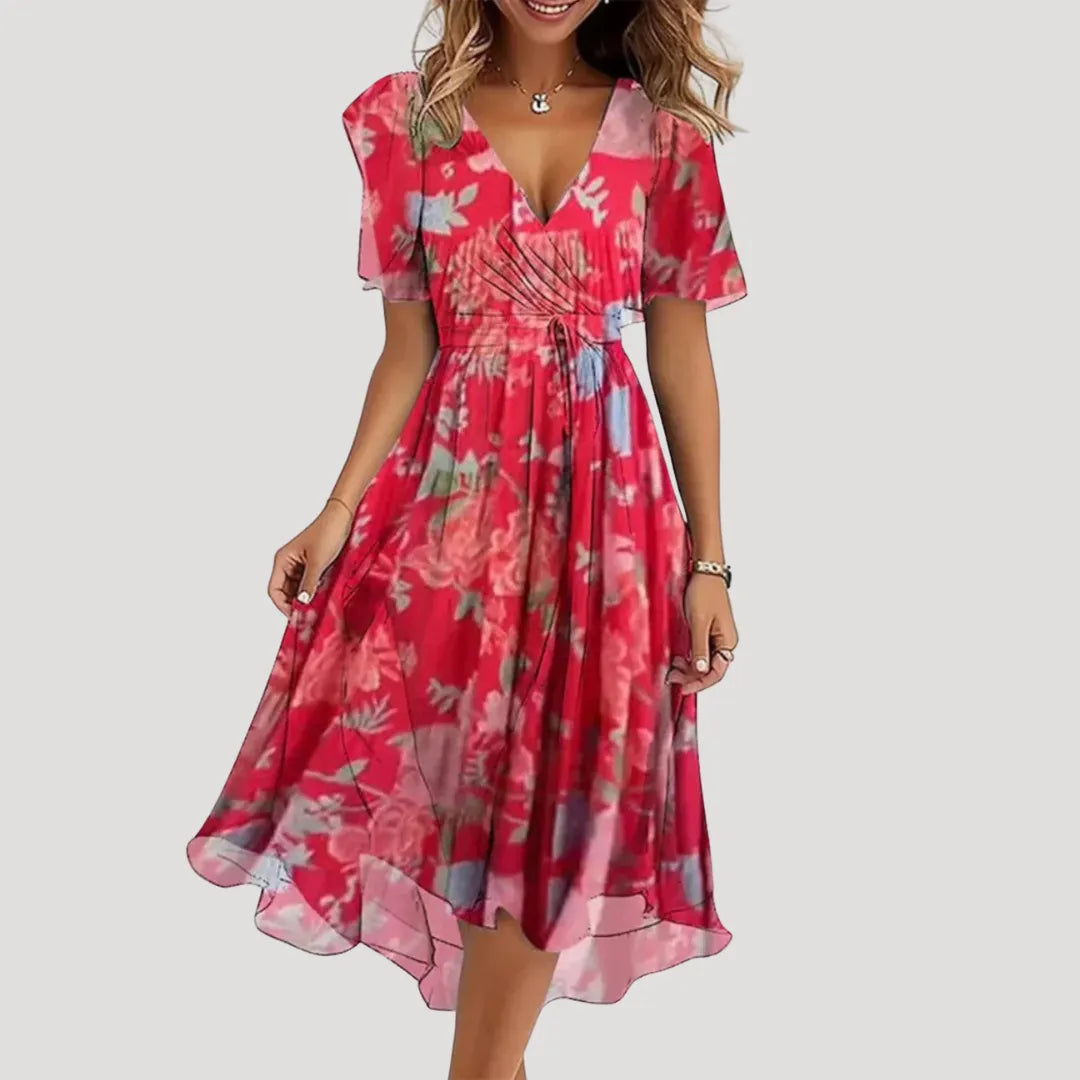 Women's Casual Printed Midi Summer Dress with V-Neck