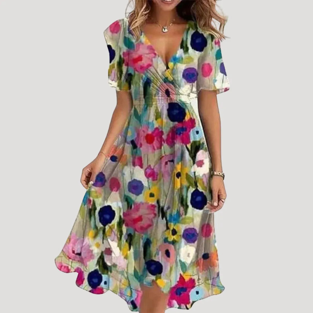 Women's Casual Printed Midi Summer Dress with V-Neck