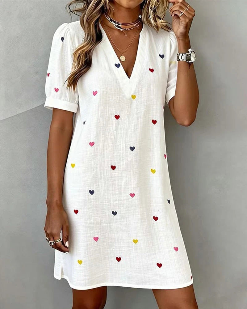 Women's Casual Mini Summer Dress with V-Neck and Puff Sleeve