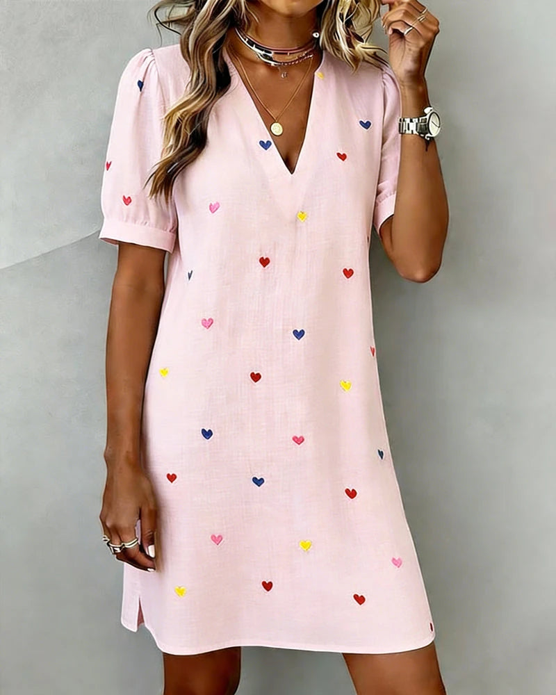 Women's Casual Mini Summer Dress with V-Neck and Puff Sleeve
