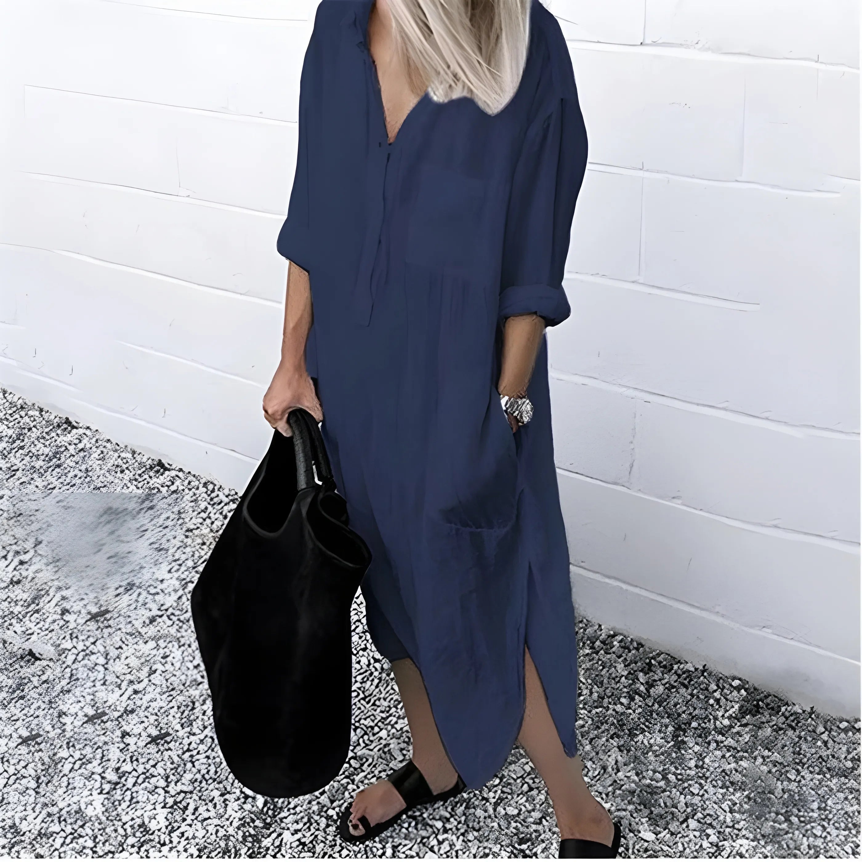 Women's Casual V-Neck Midi Summer Dress with Slit