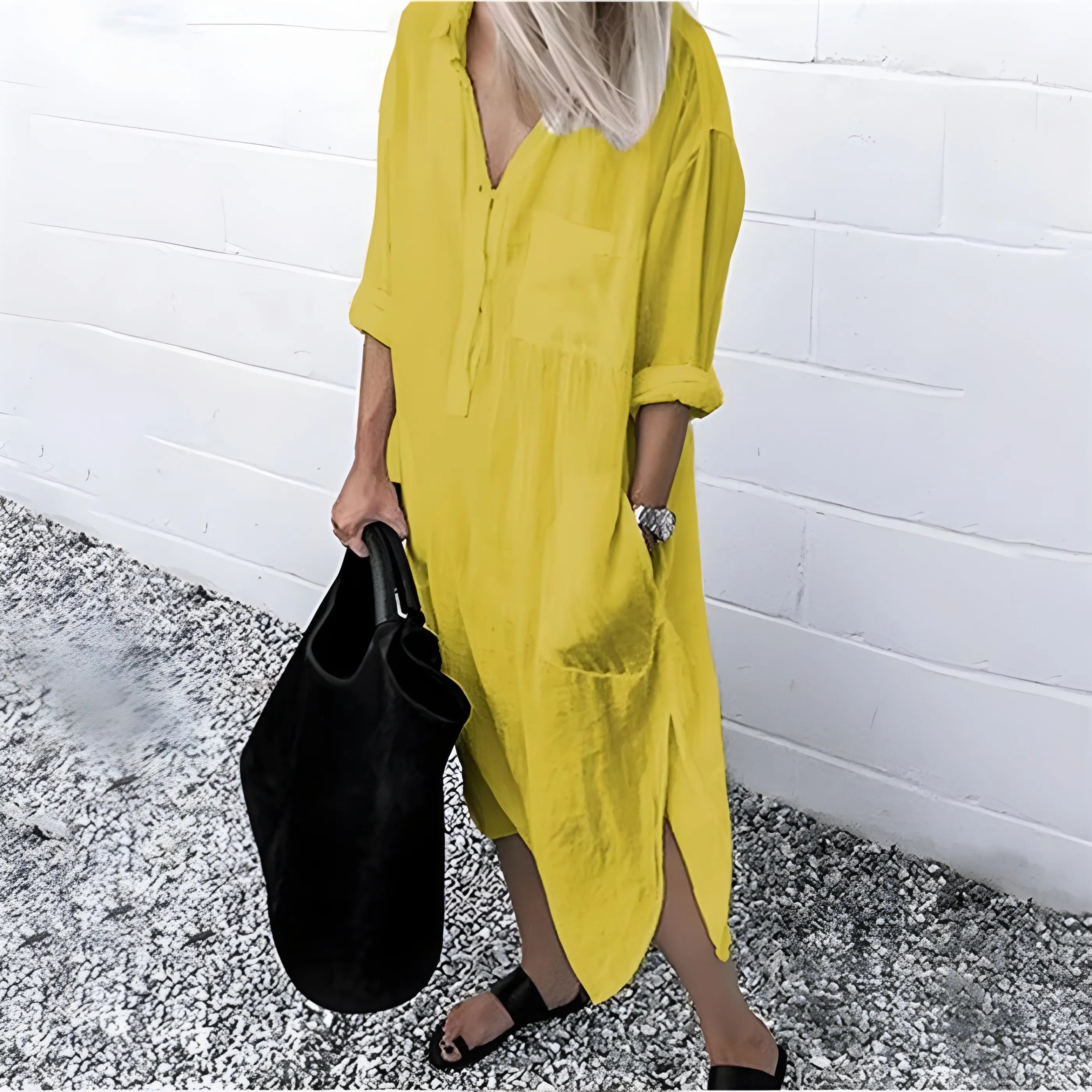 Women's Casual V-Neck Midi Summer Dress with Slit