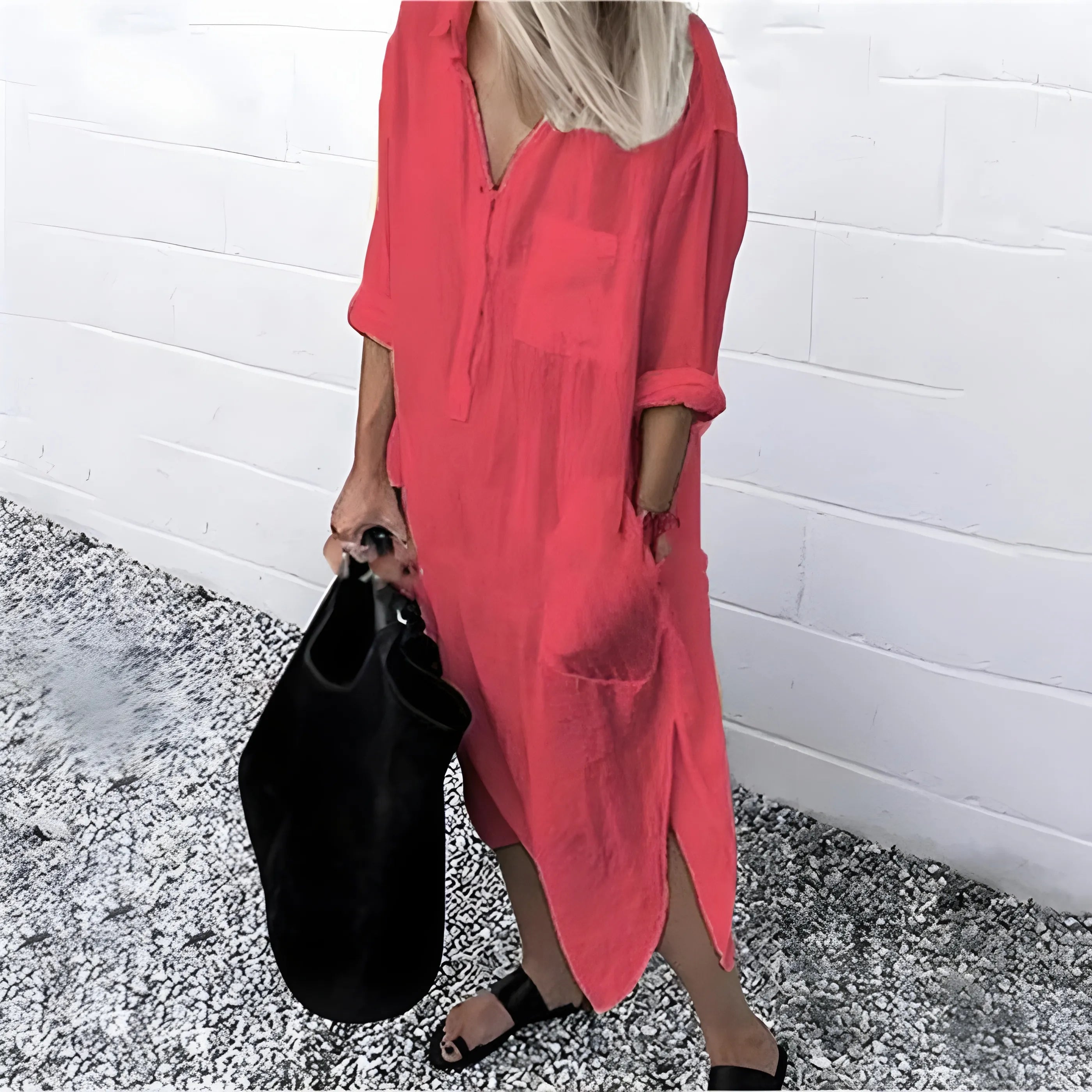 Women's Casual V-Neck Midi Summer Dress with Slit