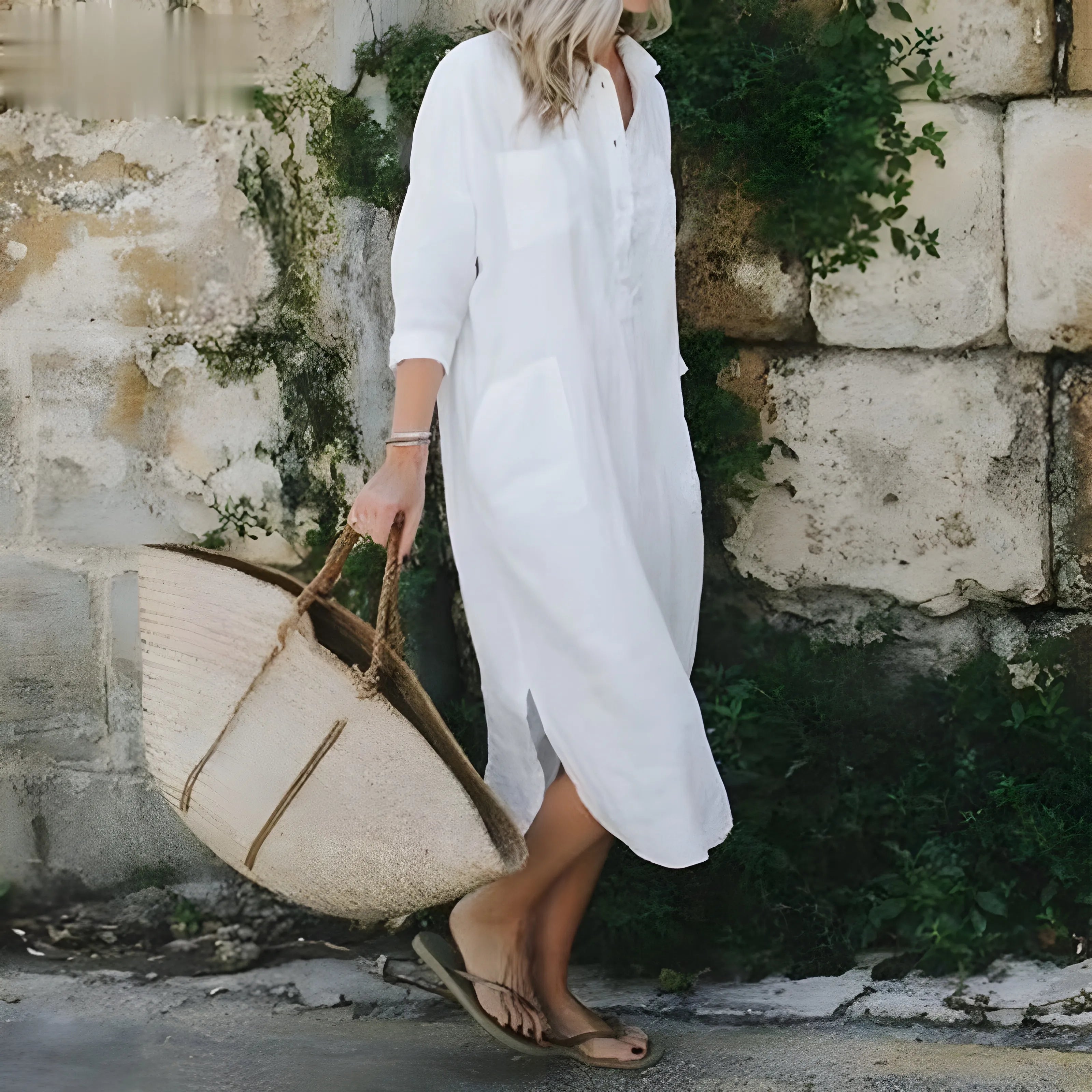 Women's Casual V-Neck Midi Summer Dress with Slit
