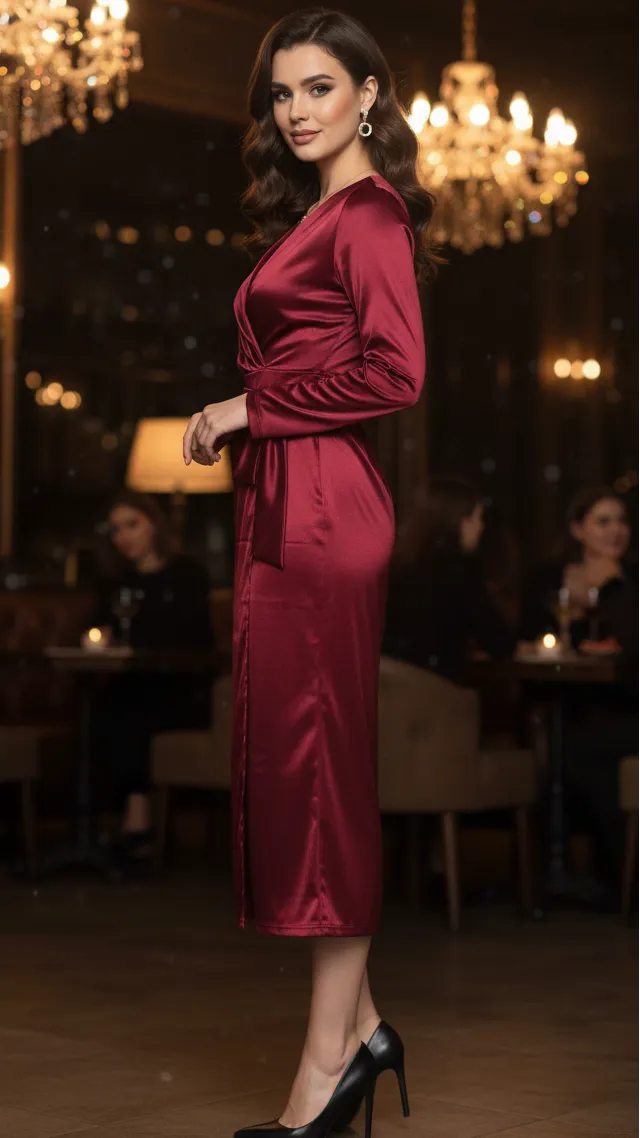 Women's Elegant Burgundy Maxi Wedding Guest Dress with Long Sleeve