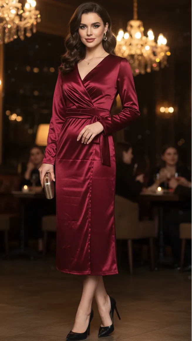 Women's Elegant Burgundy Maxi Wedding Guest Dress with Long Sleeve
