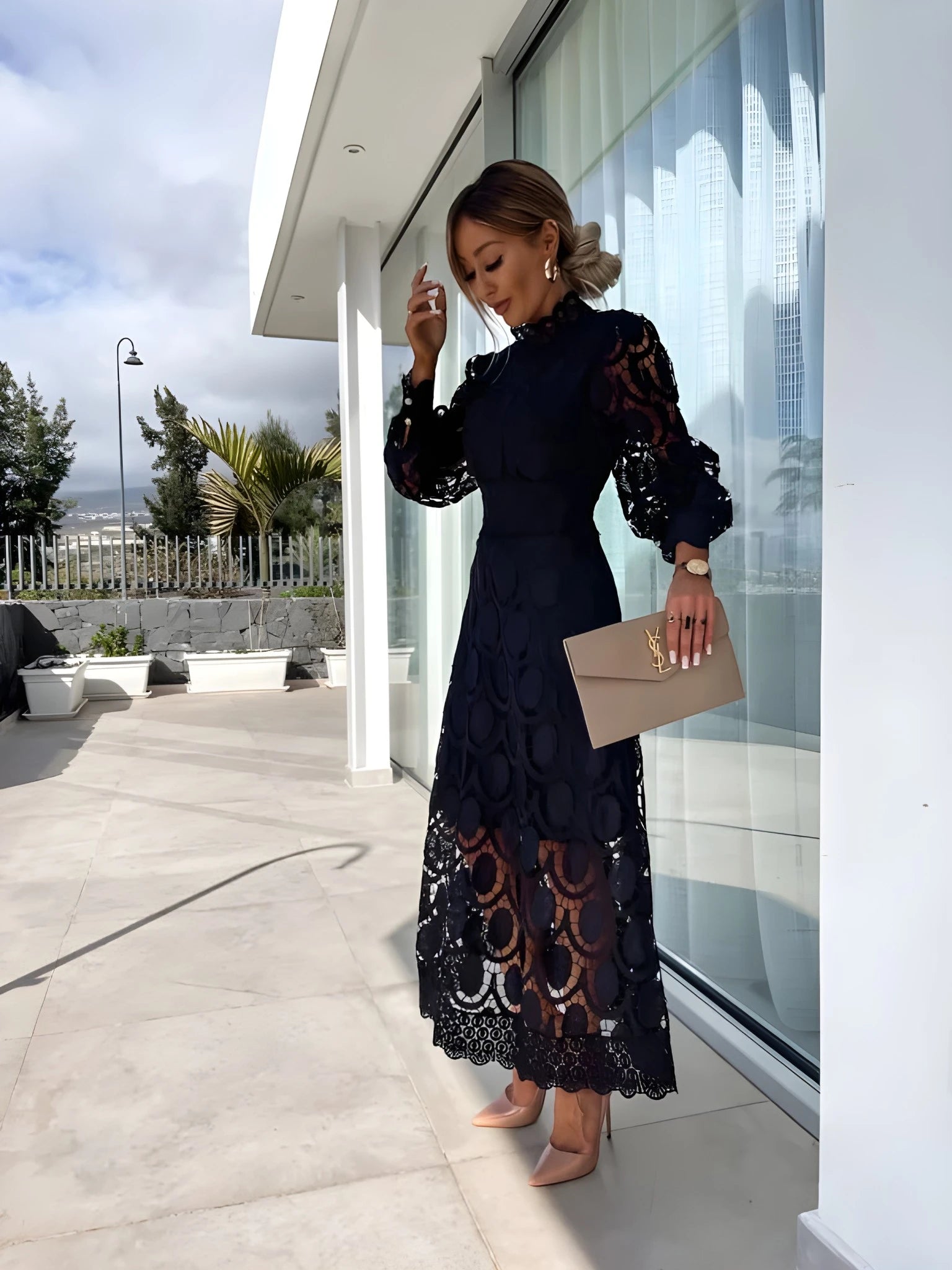 Women's Elegant Floral Midi Summer Dress with High Neck