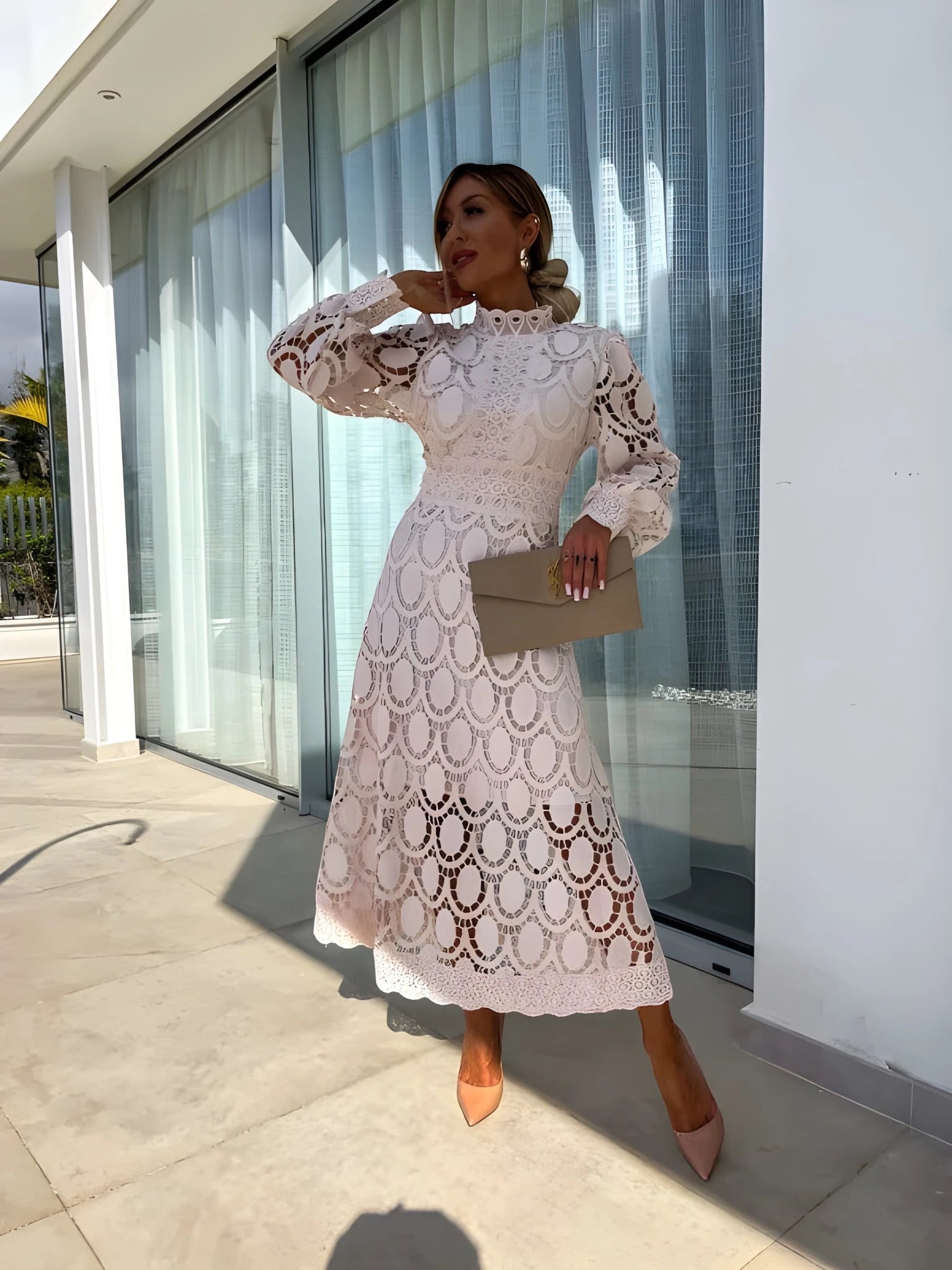 Women's Elegant Floral Midi Summer Dress with High Neck