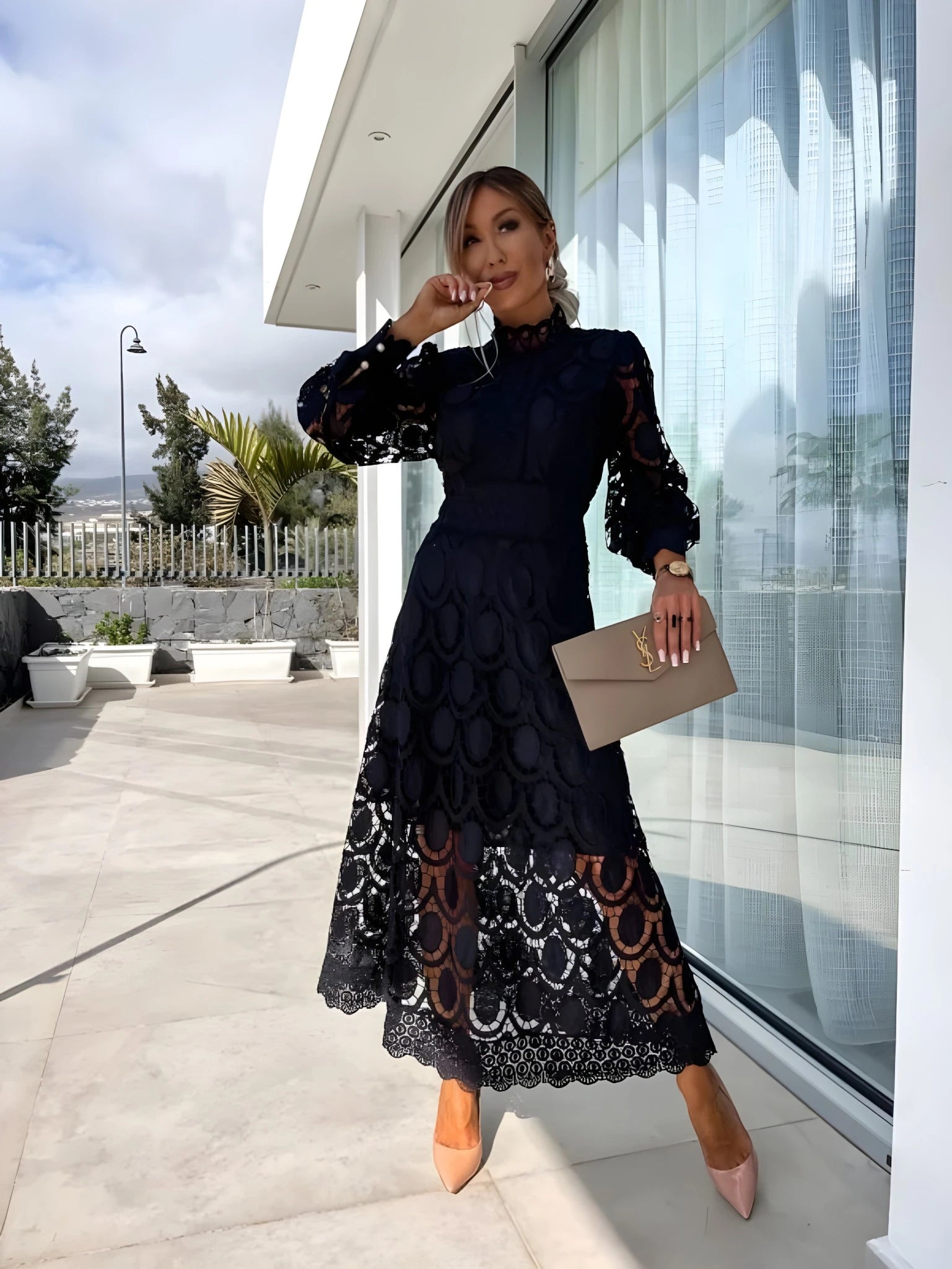 Women's Elegant Floral Midi Summer Dress with High Neck