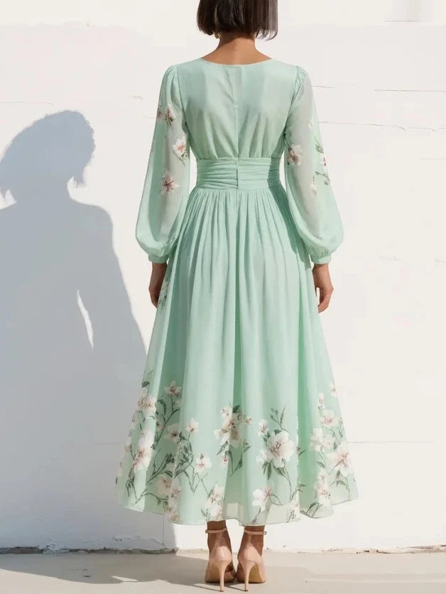 Women's Elegant Floral Midi Summer Dress with Long Sleeve