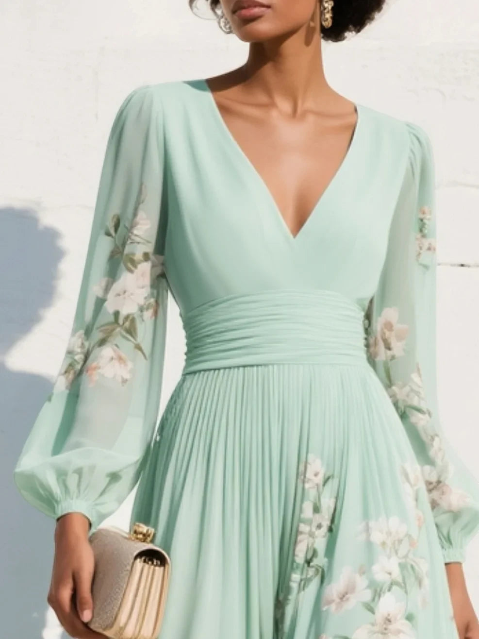 Women's Elegant Floral Midi Summer Dress with Long Sleeve