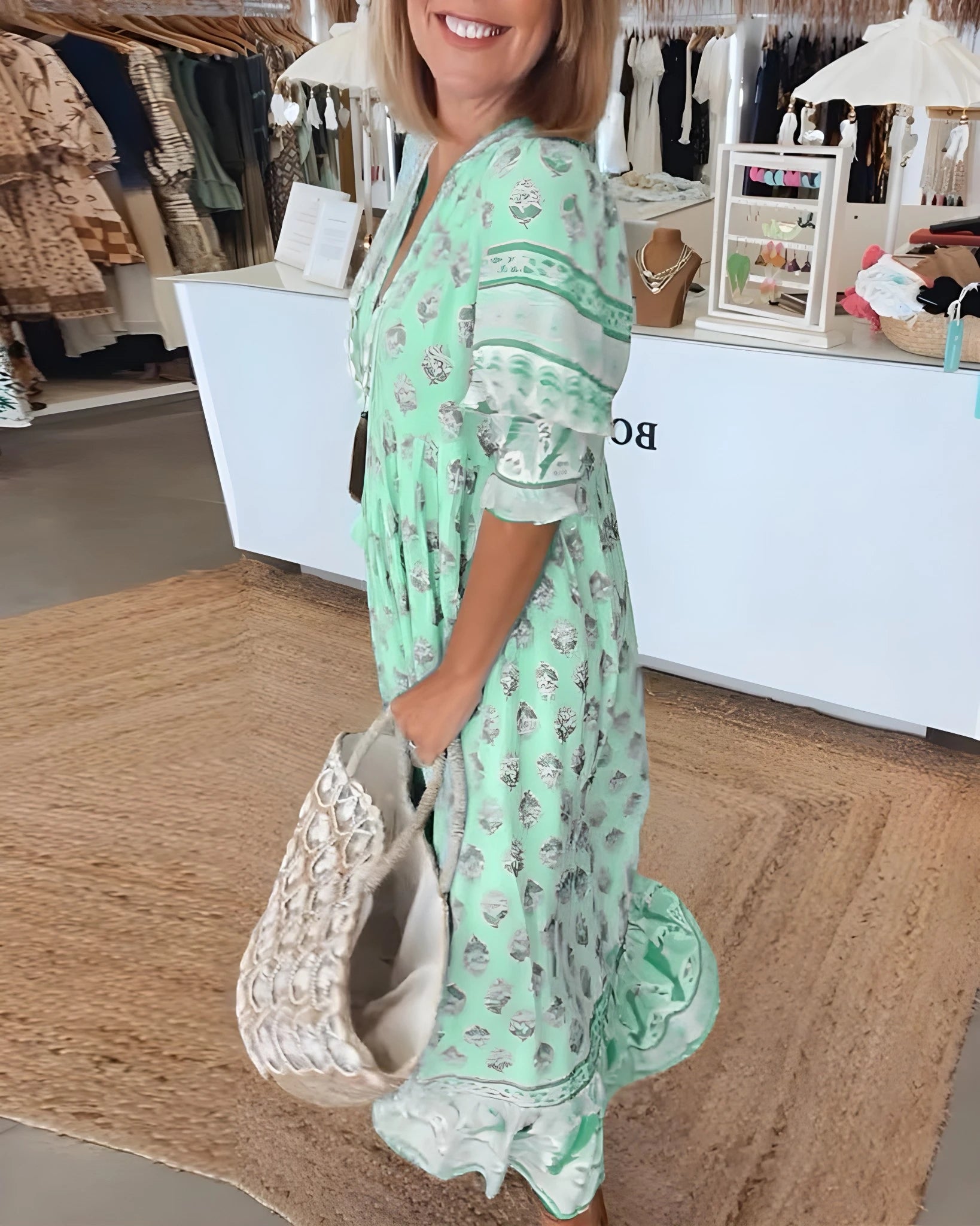 Women's Elegant Floral Midi Summer Dress with V-Neck