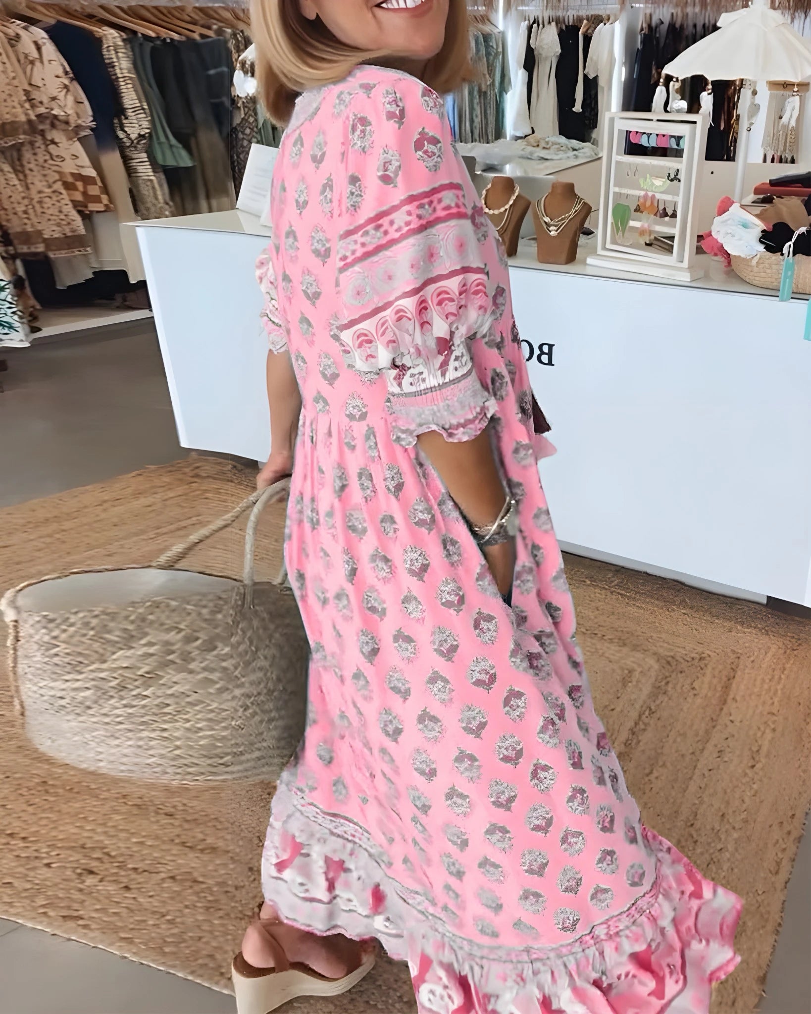 Women's Elegant Floral Midi Summer Dress with V-Neck