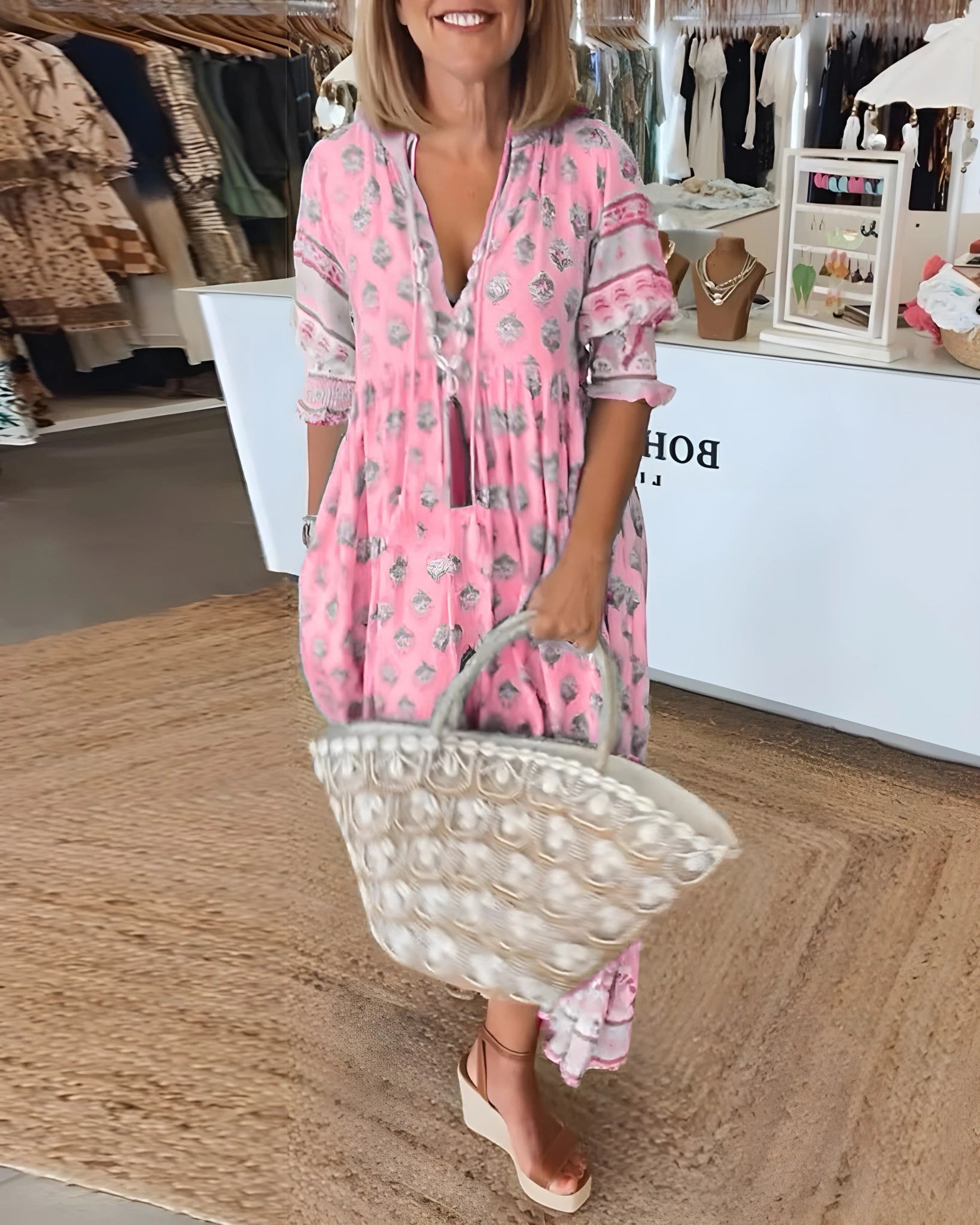 Women's Elegant Floral Midi Summer Dress with V-Neck